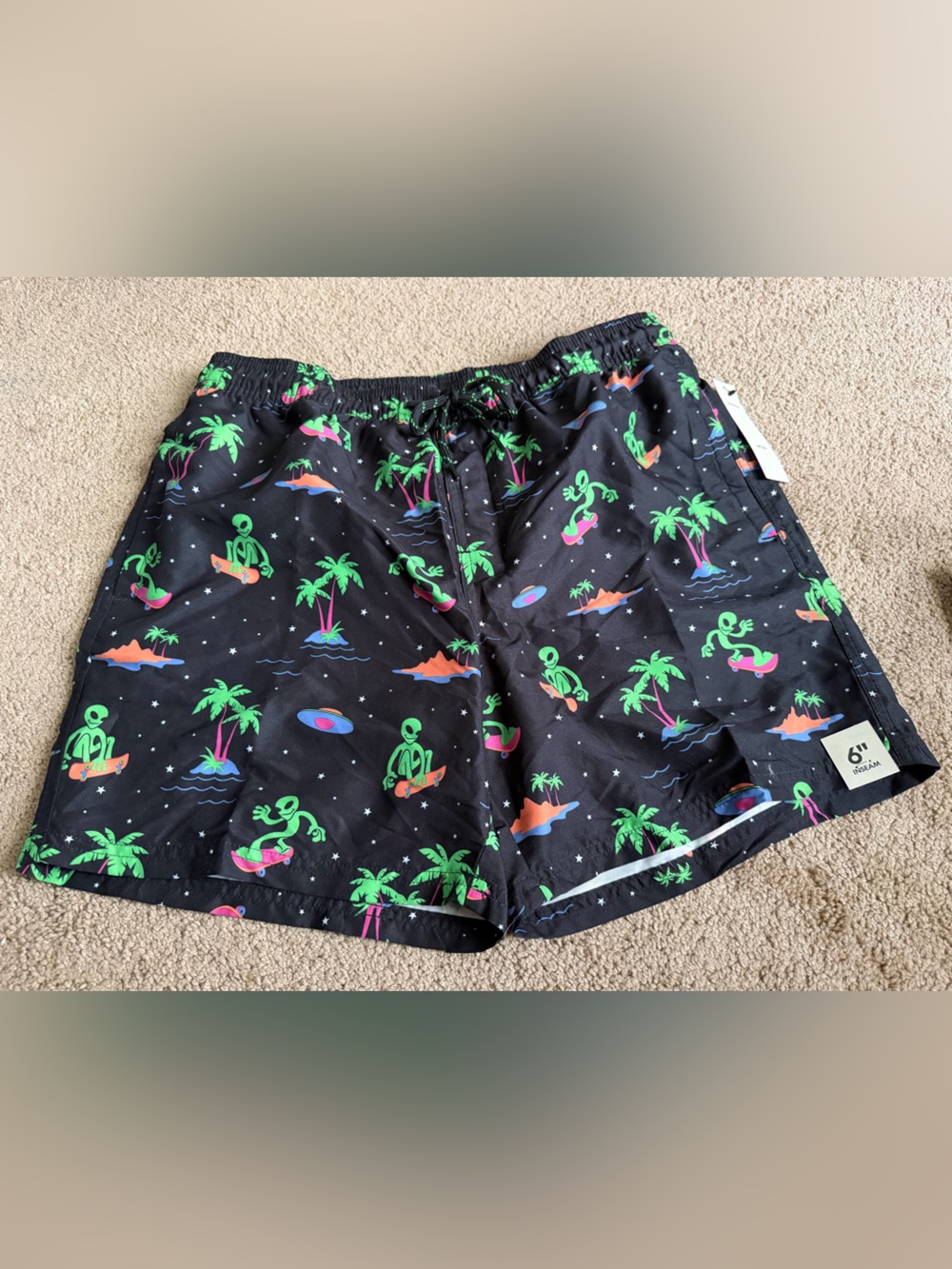 No Boundaries men’s Medium Black Swim Shorts Trunks w/ Neon Alien & Palm Print